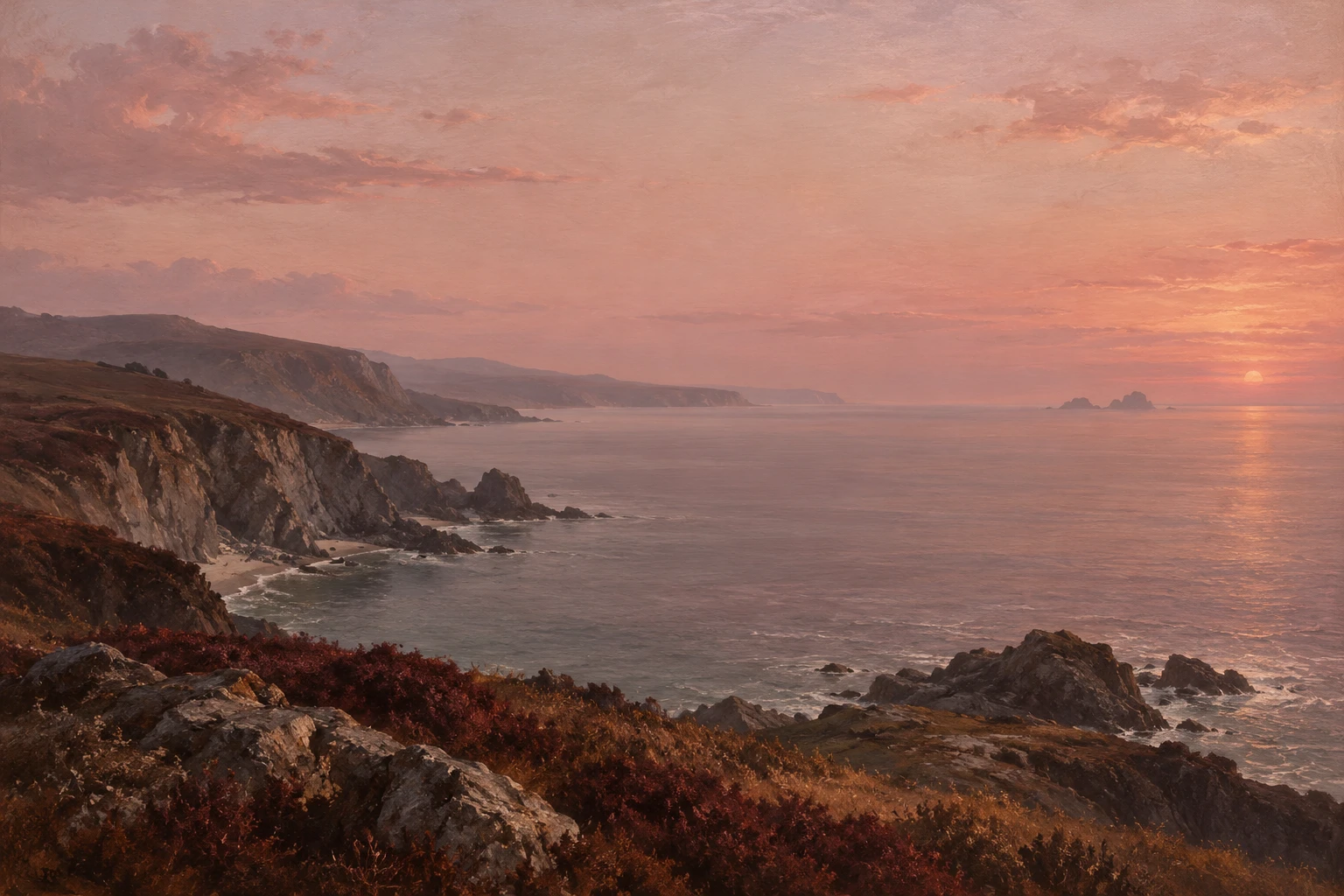A quiet coastal landscape in soft rose evening light