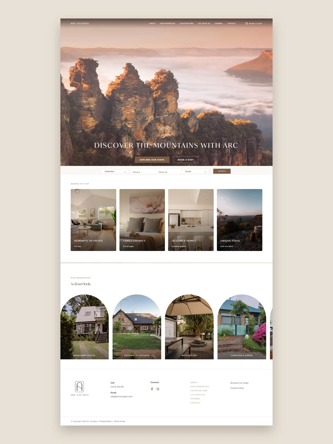 ARC Escapes actual homepage preview