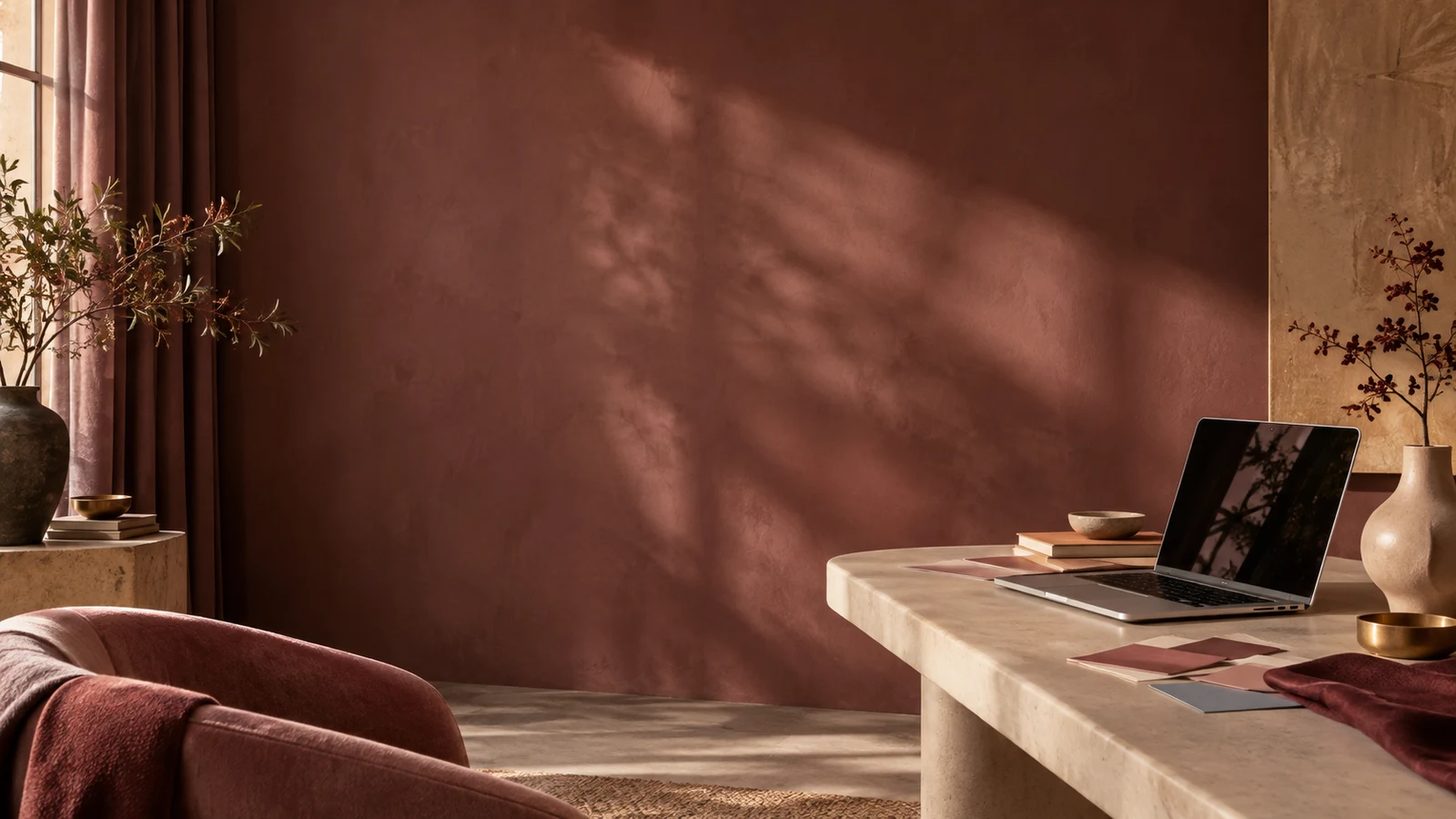 A calm maroon and cream studio with a laptop and notebook