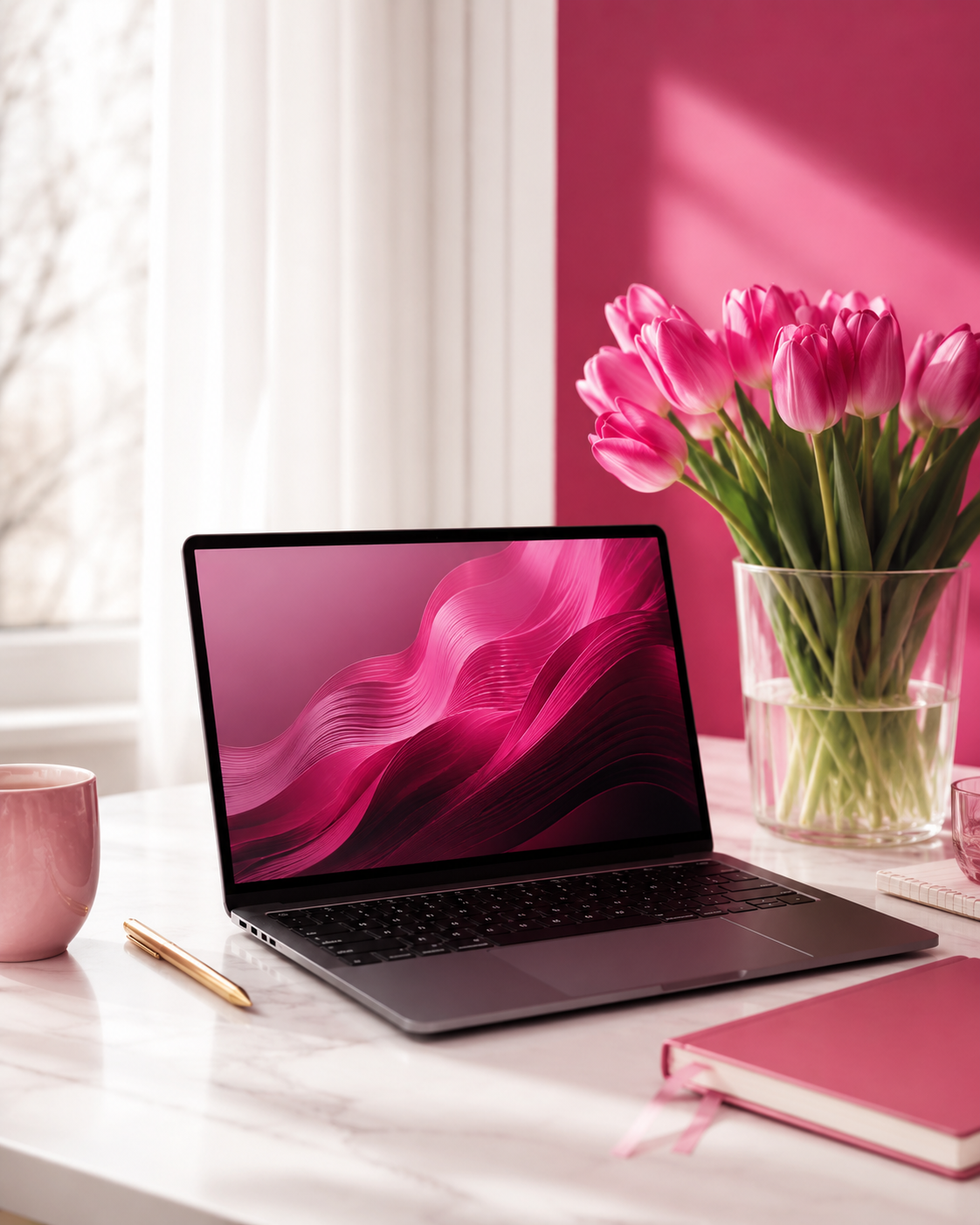 Laptop with pink wave design beside tulips