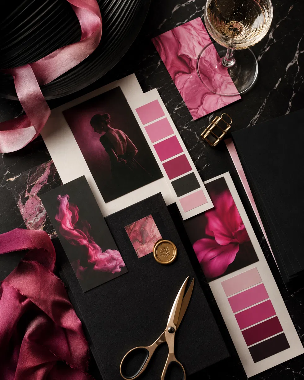 Luxury brand moodboard with pink palette, gold scissors and champagne