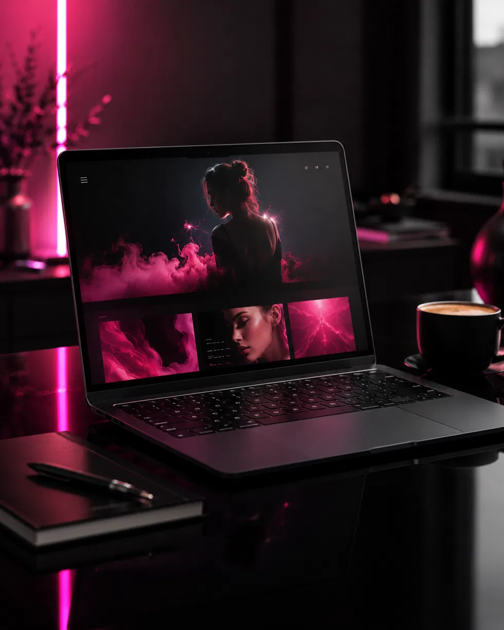 Laptop showing an elegant website with pink neon glow