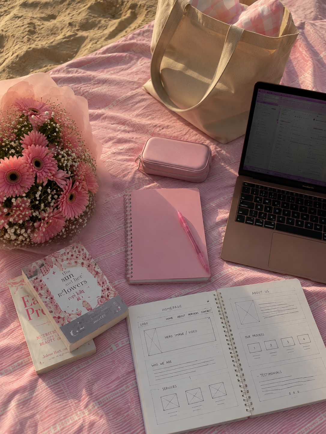 Pink brand flatlay with wireframes